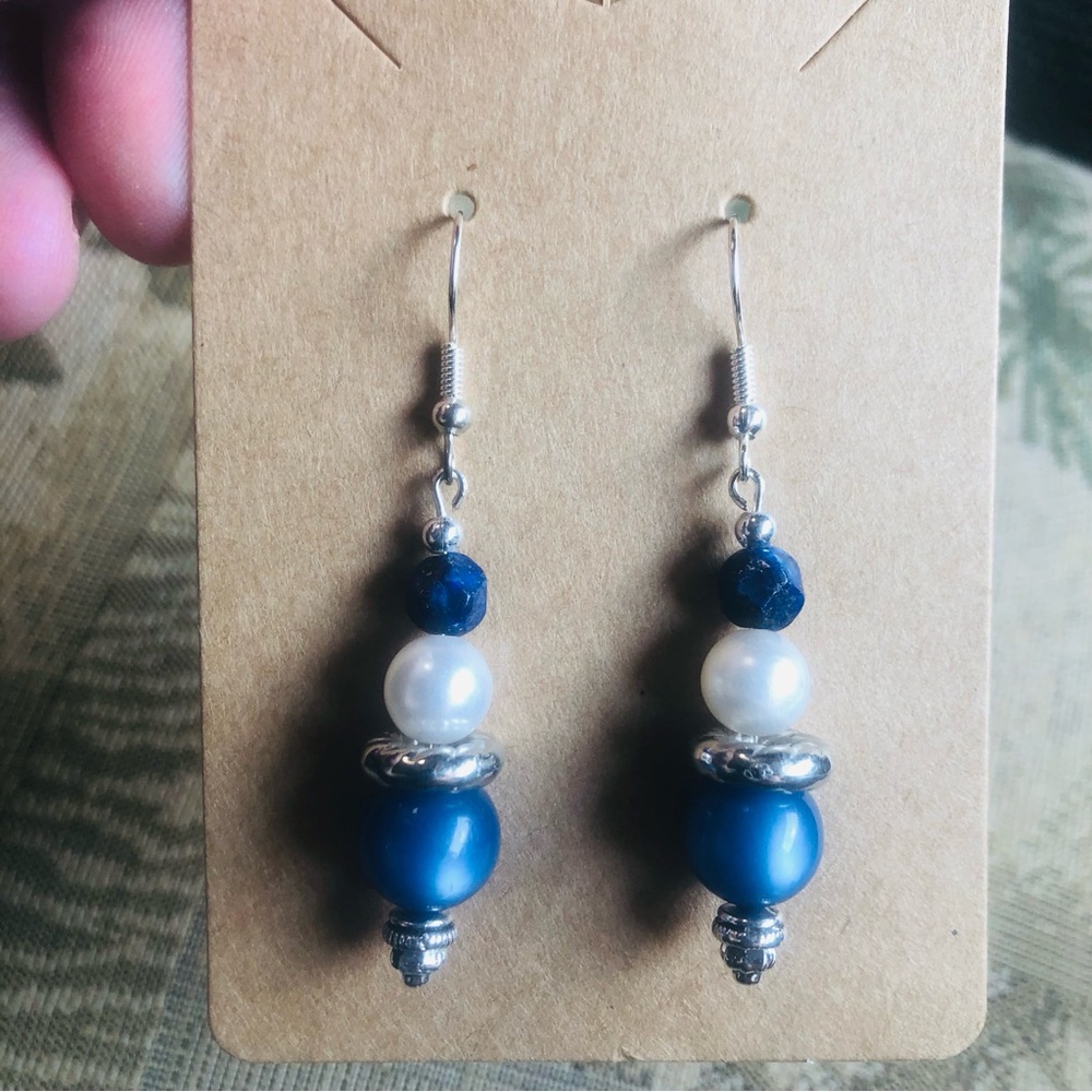 Handcrafted glass beads genuine stone sodalite dangle earrings - Picture 2 of 5